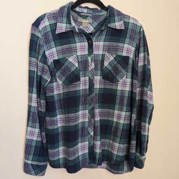 Journey Music Band Custom Blue Purple Flannel Women's Button Down Shirt Sz L - Picture 3 of 8